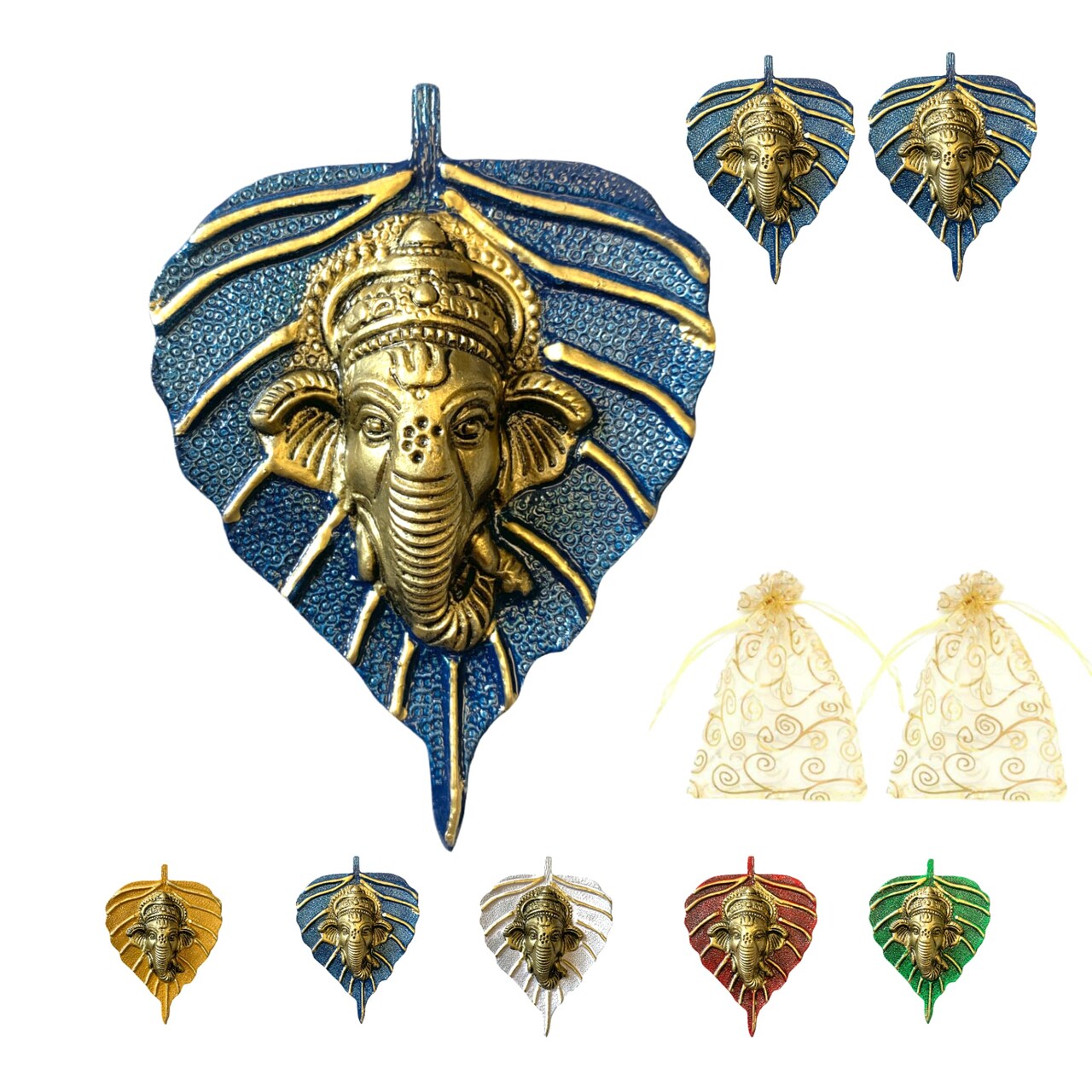 Metal Leaf Ganesha Diwali Decor Wall Hanging for Home & Office Housewarming Return Gift Pooja Favor Ganesha Decorative Wall Hanging Showpiece Pack of 1/2/5/25 Pcs